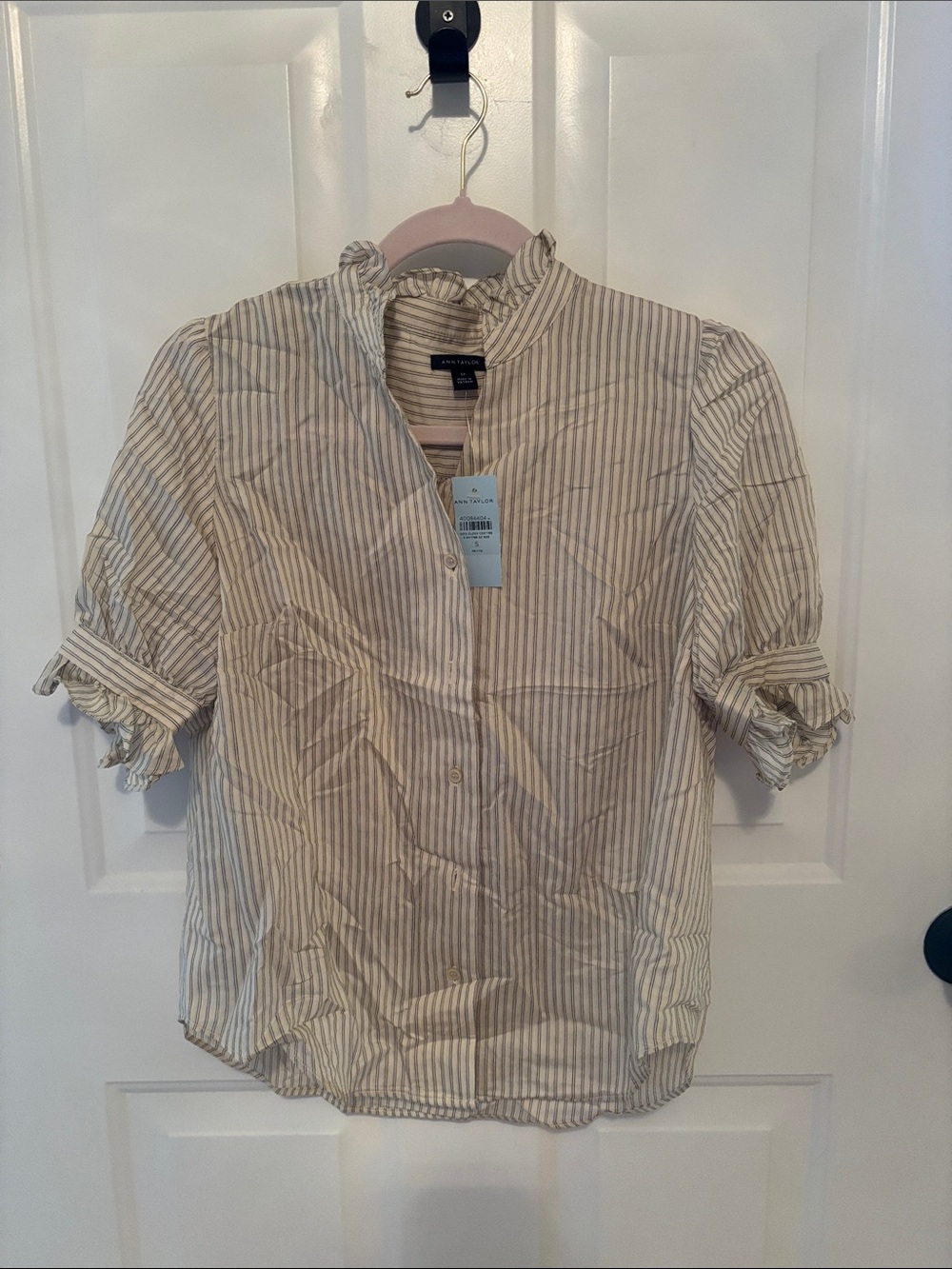 Ann Taylor Cream Blouse with Black Pinstripes and Ruffle Collar New With Tags!
